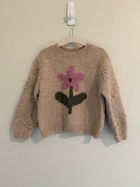 Zara Girls Oatmeal Flower Knit Sweater 3T 3 Years Pointelle Popcorn